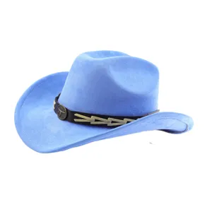 Blauwe suède western cowboyhoed man vrouw brede rand retro jazz pet met stierenkop band