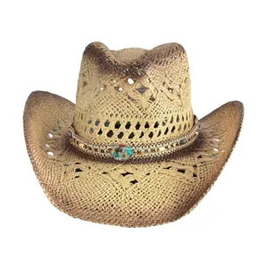 Vintage woven straw cowboy hat with beaded band, classic summer beach sun hat for adults.