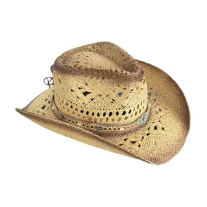 Retro cutout straw hat, American western cowboy style for summer beach, breathable design.