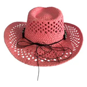 Chapeau de cowboy en paille tressée rose pour femmes hommes été plage chapeau de soleil.