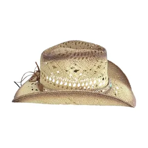 Retro hollow straw cowboy hat for summer beach and outdoor wear, detailed product view.