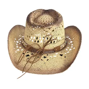 Vintage hollow straw cowboy hat, retro woven sun hat for beach and summer outdoor wear.