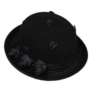 French vintage black wool felt bowler hat for women with elegant satin rose decorations winter.