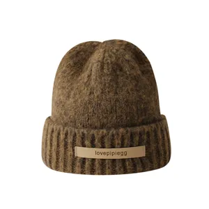 Autumn winter warm knit beanie hat for women men solid color letter patch wool cap detail view