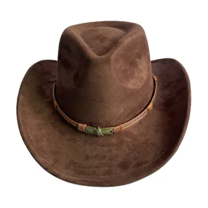 Chapeau de cowboy occidental en suédine marron avec corde en cuir et boucle tête de mort métal