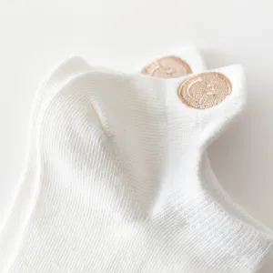 Primo piano di calzini corti bianchi con simpatico viso sorridente ricamato, dettaglio in maglia.
