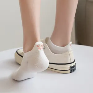 Carine calze da barca bianche da donna con dolce ricamo a fiocco sul tallone, design traspirante.