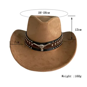 Detailed view of western cowboy hat with metal bull head, suede texture and size info 56-58cm.