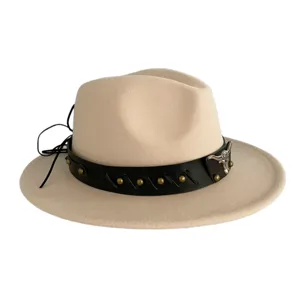 Beige felt fedora hat with black leather band, metal studs, and bull skull detail.