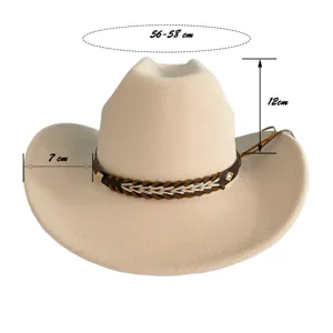 Beige western cowboy hat for men and women, vintage fedora cap with braided band and 56-58cm size.