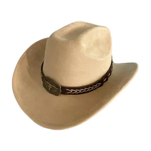 Chapeau de Cowboy Vintage en Polyester Imitation Daim pour Hommes Femmes Style Britannique Classique Grand Bord Western Avec Boucle Tête de Taureau