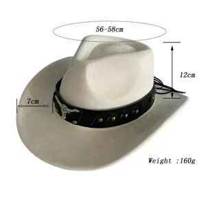 Chapeau de cowboy occidental rétro en suédine avec tête de taureau en métal et bande en cuir.