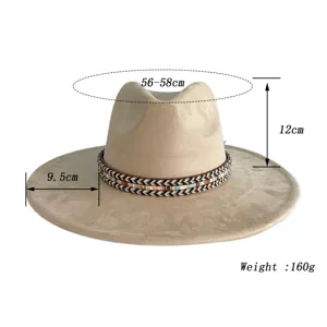 Vintage suede fedora hat for women men, wide flat brim jazz cap with woven band, 56-58cm.