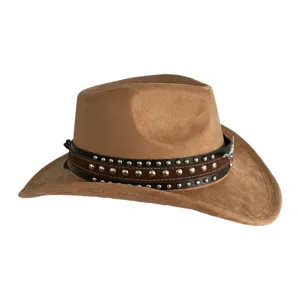 Retro brown suede western cowboy hat with metal rivet leather band, vintage fedora cap detail.