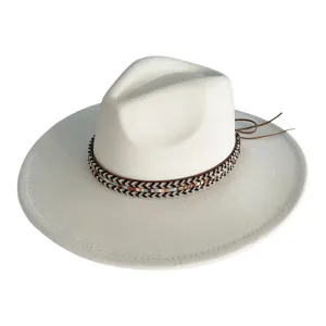 Vintage Wide Brim Faux Suede Fedora Hat For Women Men Tapered Top Plain Flat Brim Western Cowboy Jazz Hat Everyday Sun Protection Travel Cap With Ethnic Woven Band