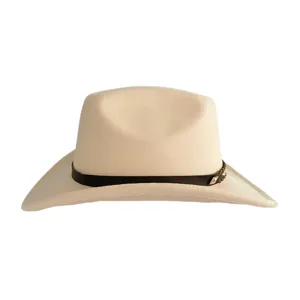 Beige western cowboy hat for men women, retro felt fedora hat with braided band and metal decor.