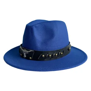 Close-up detail of the blue fedora hat with metallic bull head and leather band design.