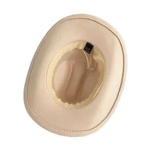 Detailed view of the beige fedora hat interior showing quality inner lining and fabric label.
