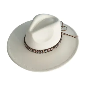 Close-up detail of retro white faux suede fedora hat with woven tribal band and cord.