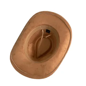 Brown faux suede western cowboy hat, retro style fedora with sweetheart crown for adults.