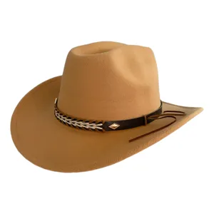 Detailed view of the khaki western cowboy hat featuring a stylish braided band and gold accent.