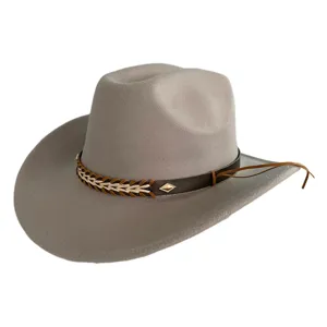 Close up of grey felt western cowboy hat featuring brown braided band and metal diamond charm.