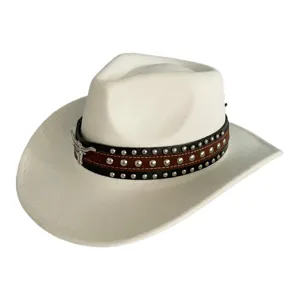 White suede western cowboy hat with studded leather band and bull skull emblem for adults.