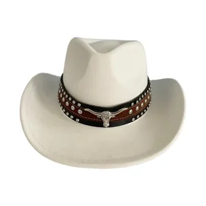 White faux suede western cowboy hat with studded band and silver bull skull emblem for adults.