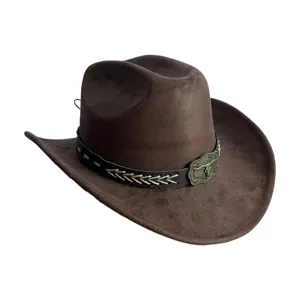Chapeau de cowboy occidental en daim marron avec boucle de crâne de taureau en métal.