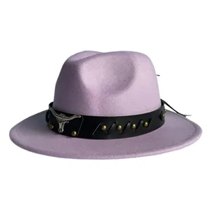 Detailed view of a stylish purple fedora hat with a black leather bull head band and studs.
