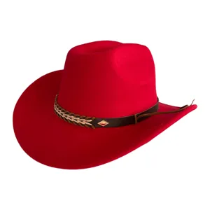 Red western cowboy hat detail showing braided leather band and stylish metallic rhombus decor.