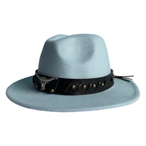 Close-up details of the light blue fedora hat featuring a black leather band and bull skull.