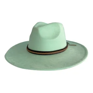Détail de chapeau fedora en faux suède vert menthe, chapeau de cowboy vintage à large bord