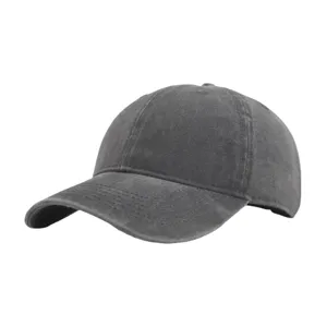 Dark grey washed cotton baseball cap detail, curved brim texture, adjustable casual hat.