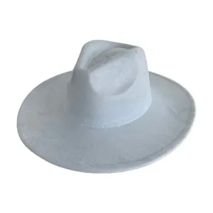 Détail de chapeau fedora en suédine gris clair, large bord plat et couronne rétro élégante.