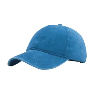 Detailed view of the blue washed cotton baseball cap, showing texture, stitching and curved brim.