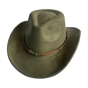 Chapeau de cowboy en suédine vert foncé avec corde en cuir et boucle tête de mort.