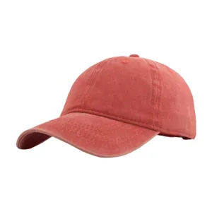 Vintage washed cotton baseball cap detail, red dad hat with curved brim and breathable eyelets.