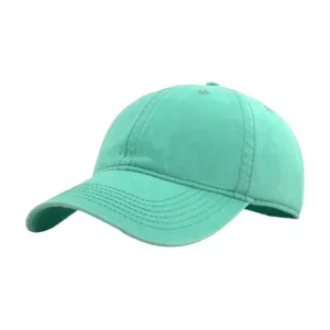 Closeup view of the mint green washed cotton baseball cap showing fine stitching and fabric texture.