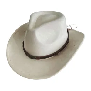 Chapeau de cowboy western en daim blanc avec lanière en cuir marron et boucle crâne