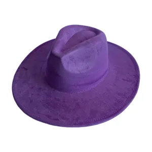 Chapeau fedora en suédine violette à large bord, chapeau jazz rétro classique pour hommes.