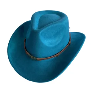 Chapeau de cowboy occidental en daim turquoise avec ceinture cuir et tête de mort.