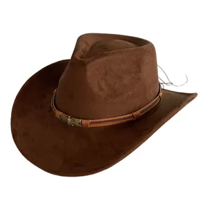 Chapeau de Cowboy Western Vintage pour Hommes Femmes Large Bord Imitation Daim Jazz Fedora Avec Crâne Décoration de Ceinture en Cuir Style Britannique