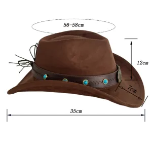 Retro suede western cowboy hat with turquoise leather band and feathers, size 56-58cm.