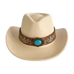 Chapeau de cowboy occidental beige en feutre de laine avec bande en cuir et turquoise