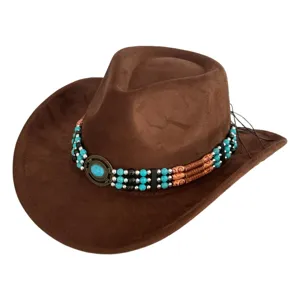 Vintage brown suede cowboy hat with turquoise beaded band, wide brim western jazz hat for adults.