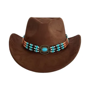Vintage brown suede western cowboy hat with turquoise beaded band and wide brim style.