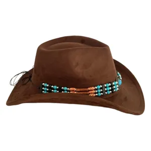Retro brown suede cowboy hat featuring a colorful beaded band, wide brim fashion jazz hat.