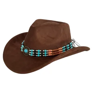 Vintage brown suede western cowboy hat with bohemian turquoise beaded band and wide brim fashion.