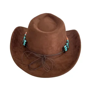 Vintage brown suede western cowboy hat for men and women, wide brim jazz cap with turquoise beads.